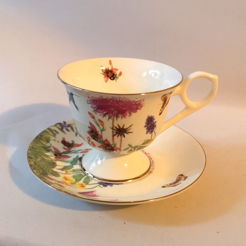 Beautiful Gracie China Teacup & Saucer Set, Hummingbird Butterfly Bees Flowers